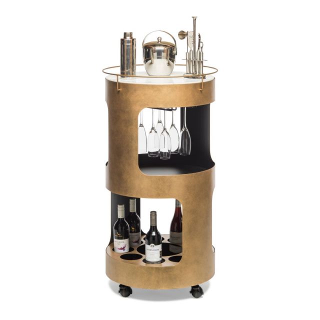 Round Bar Cart Cabinet Drinks Trolley Contemporary Wine Storage with Marble Top
