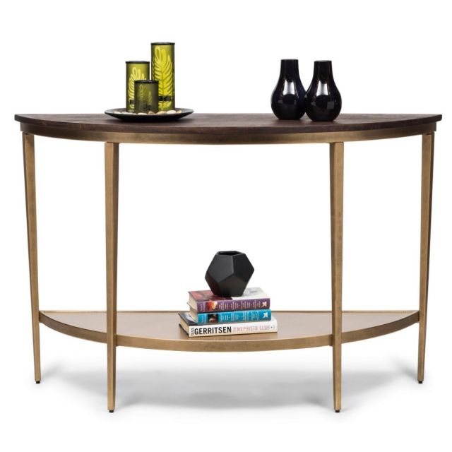 Half Round Hallway Console Table with Wood Top – French Brass