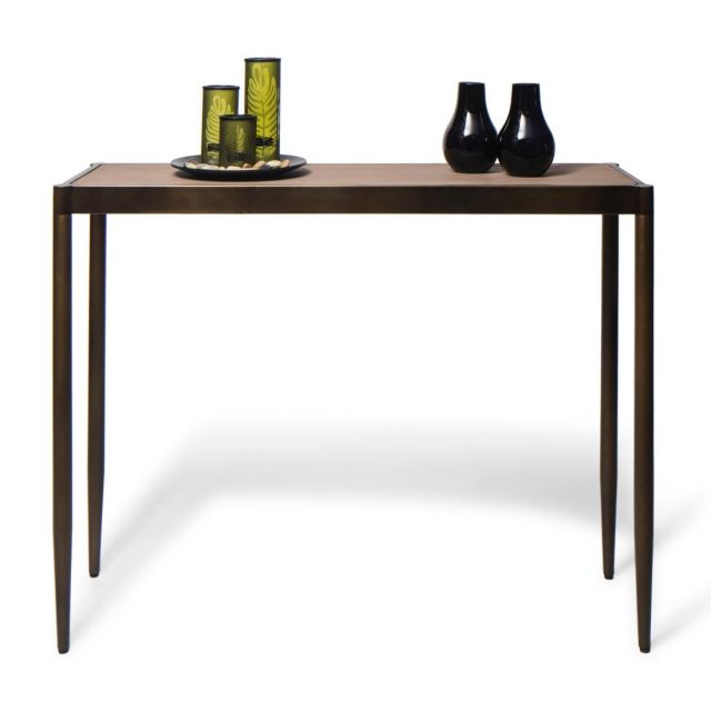 Slim Contemporary Hallway Console Table with Wood Top – Dark Brass