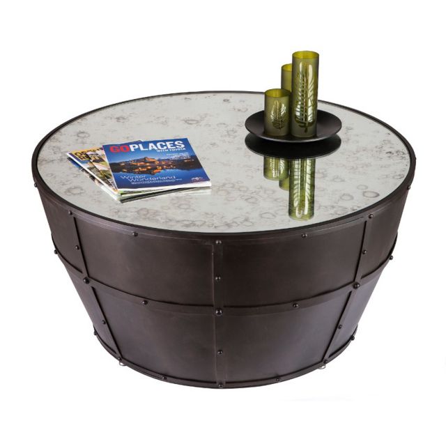 Round Iron Barrel Coffee Table with Smoked Glass Top